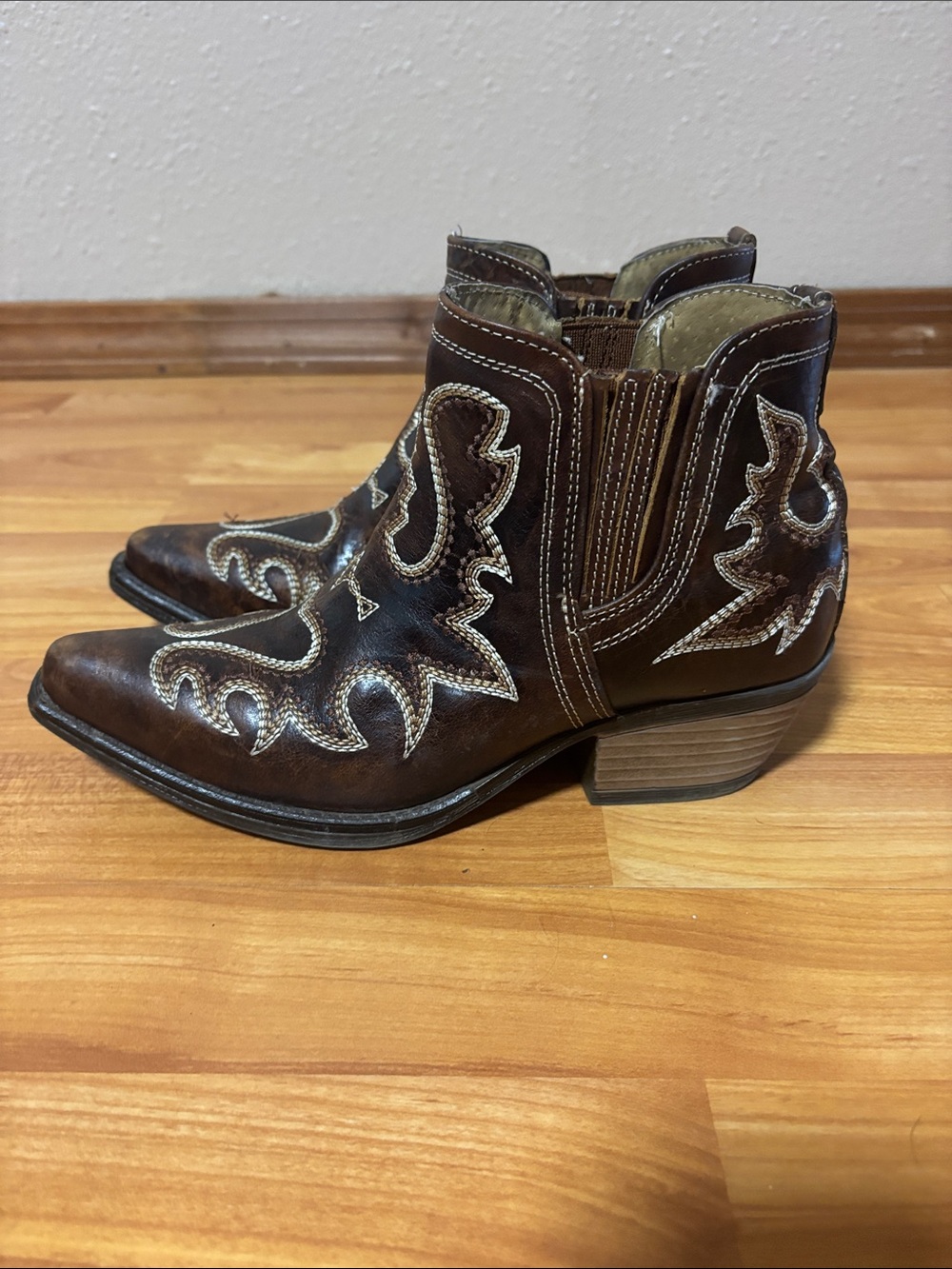 Women's Brown Embroidered Leather Ankle Heeled Boots